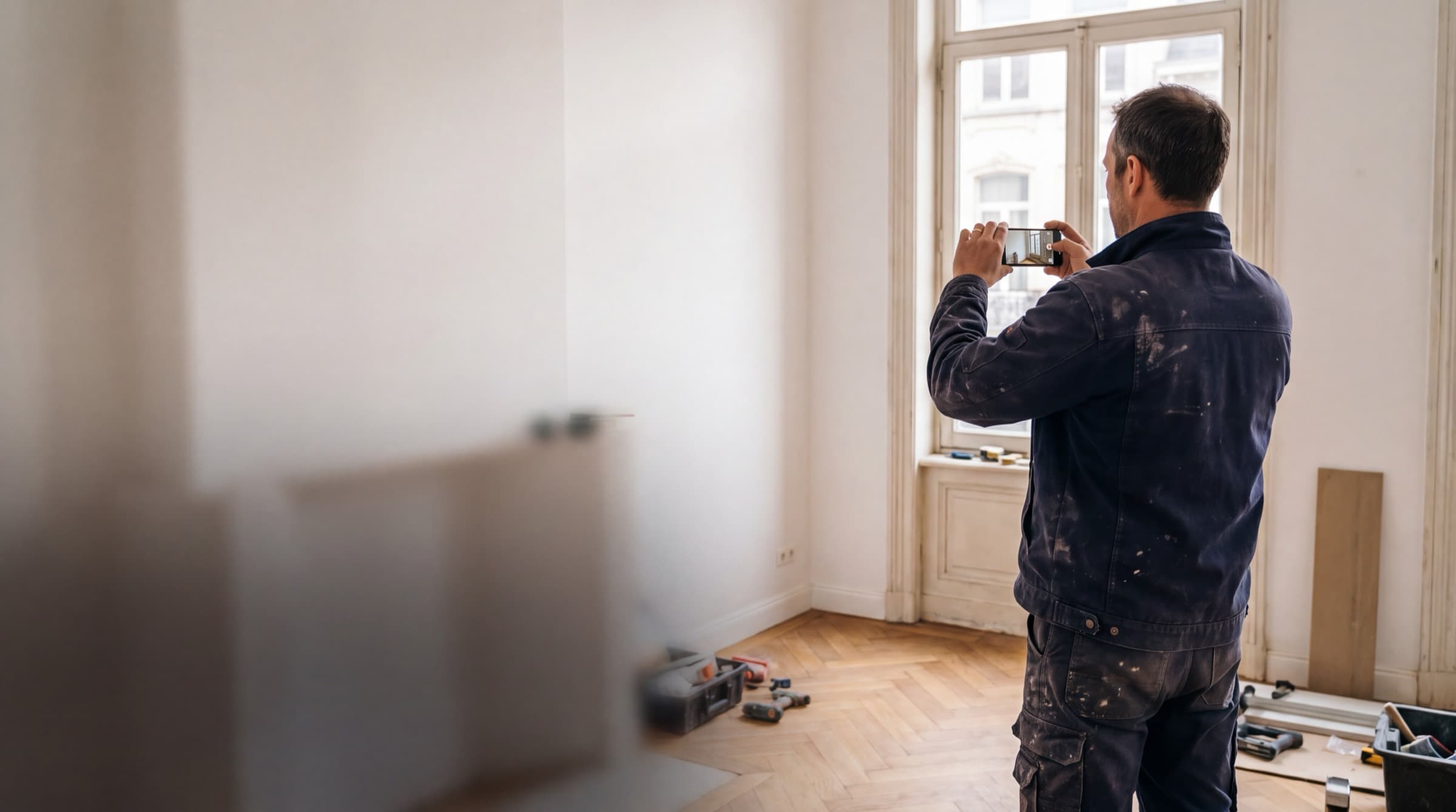 Un artisan filme avec son téléphone une pièce rénovée, sur son chantier