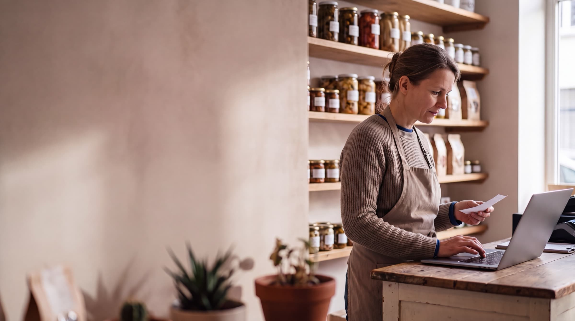 Une commerçante derrière son comptoir travaille sur un ordinateur portable