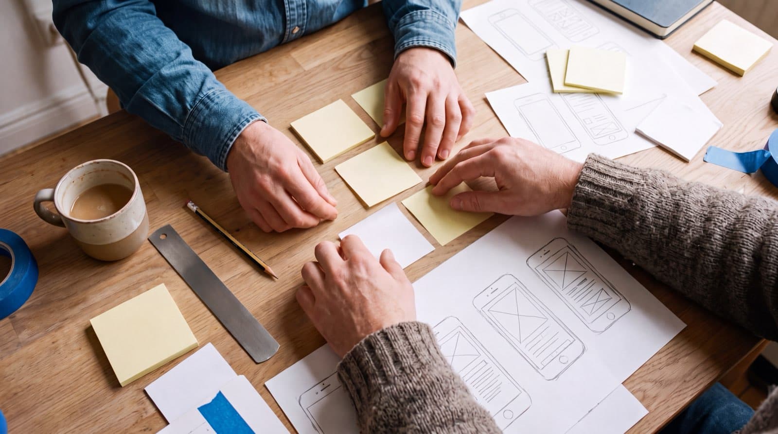Deux personnes organisent des notes et des croquis de pages sur une table de travail