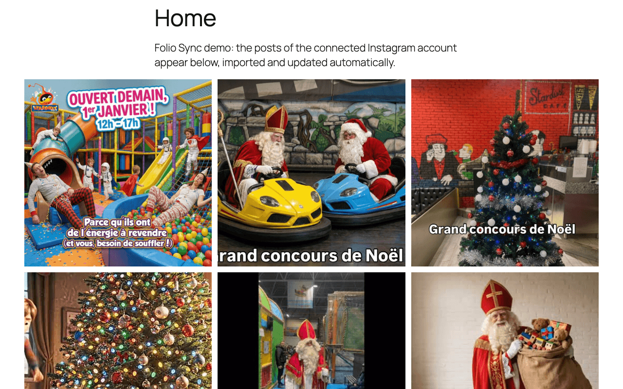 Démo de Folio Sync : une galerie de publications Instagram affichée sur un site WordPress
