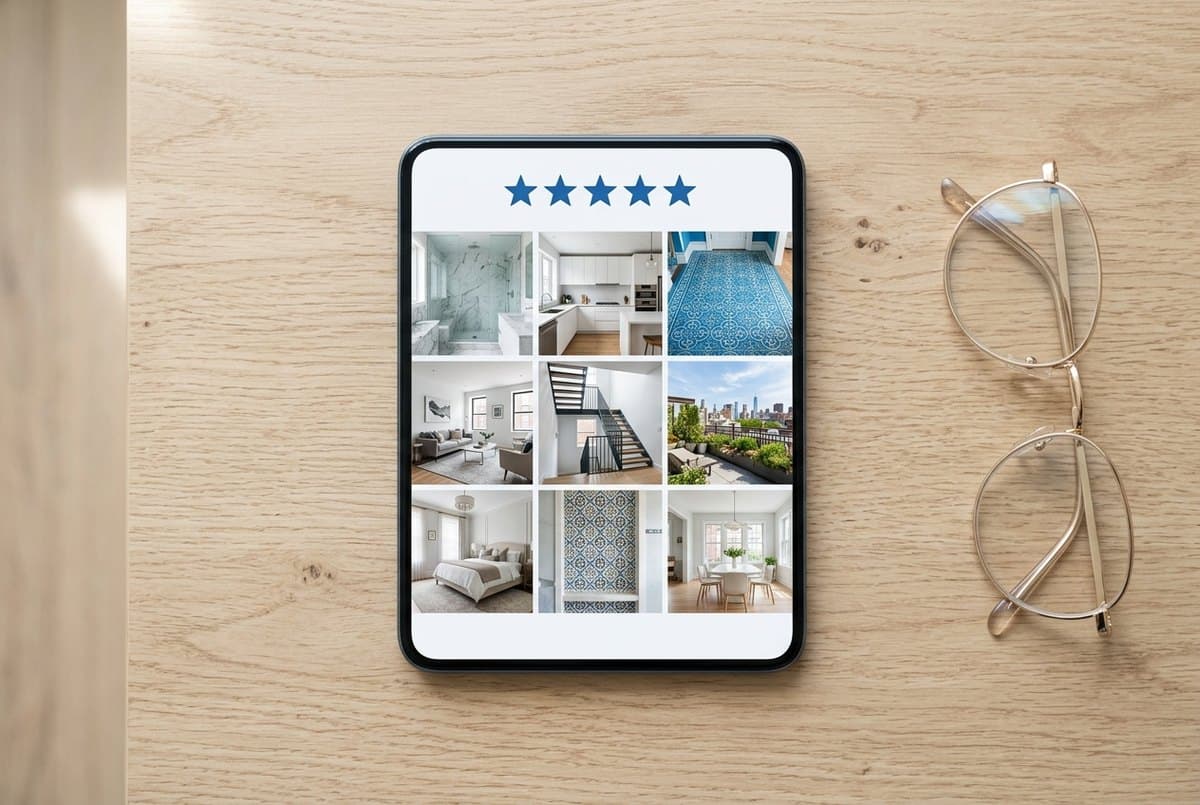 Une tablette posée sur un bureau affiche cinq étoiles au-dessus d'une grille de photos de réalisations